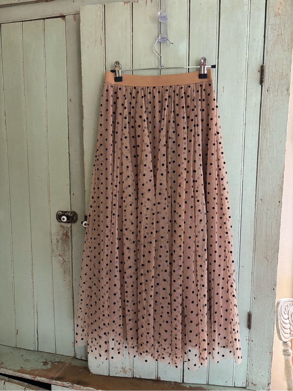 Neutral Polka Dot Tulle Maxi Skirt - Brown with Black Dots